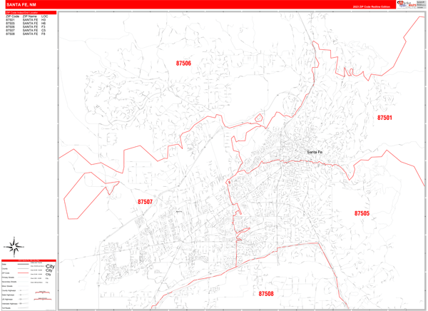 Santa Fe City Wall Map Red Line Style